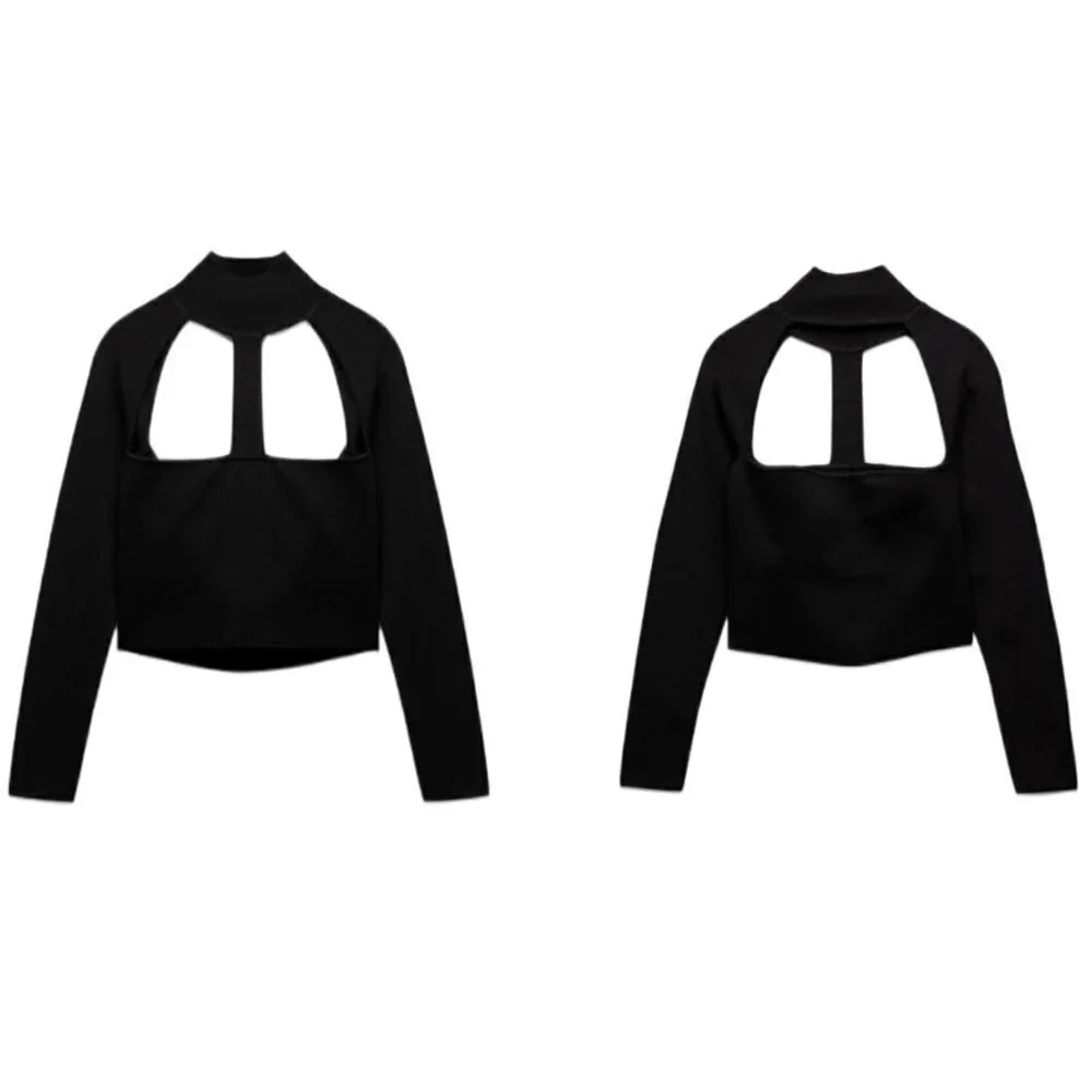 ZARA KNIT HIGH-NECK TOP WITH CUT-OUT DETAIL BLACK | 3519/013 SIZE S